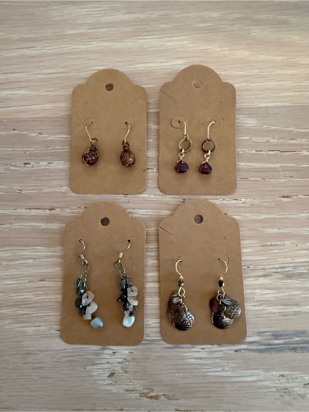 Handmade Brown and Gold and Silver Shell & Stone Dangle Earrings - Set of 4